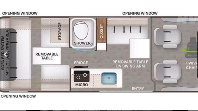  under a clear blue sky.|This RV rental floor plan shows a sofa bed (74"x71")