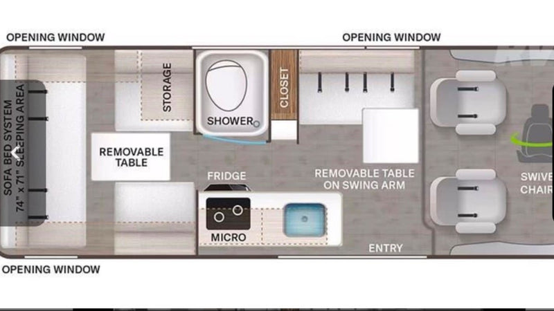  under a clear blue sky.|This RV rental floor plan shows a sofa bed (74"x71") — photo 1