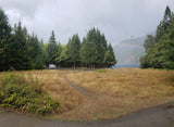 An RV rental parked in a dry grass field surrounded by tall evergreen trees, with a lake and rainbow in distance.