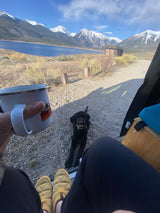 Enjoying mountain views & coffee from our RV rental with my dog by the lake. A perfect van life morning.