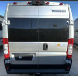 Rear view of a silver Winnebago Solis camper van. Perfect for your next rv rental, featuring tinted windows.