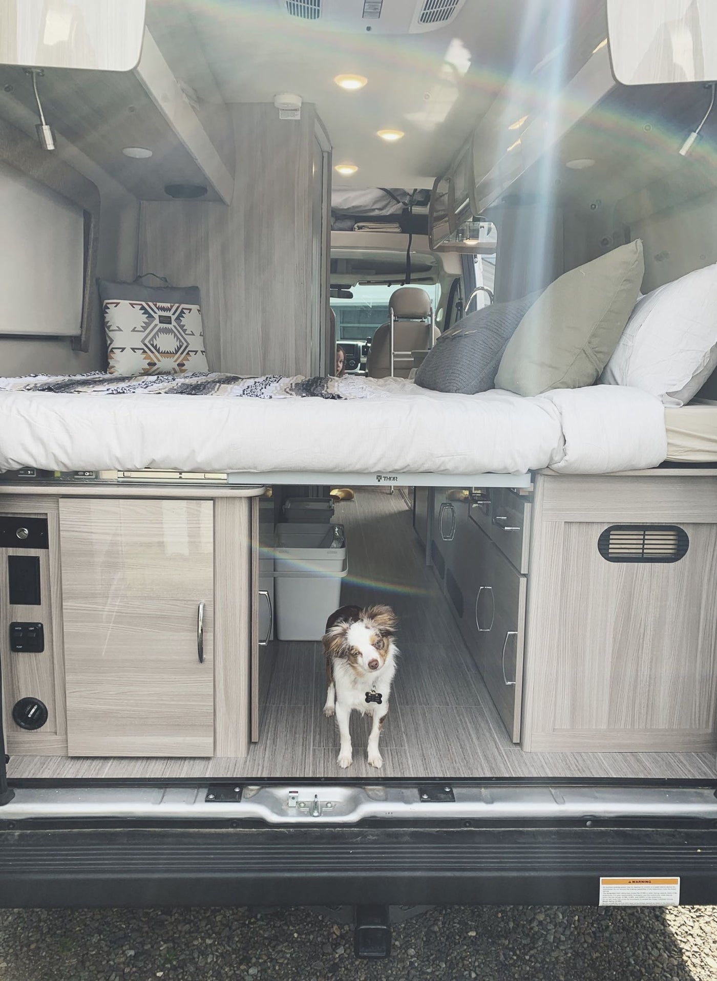  featuring a comfortable bed looking out to a grassy field. Ideal for travel.|Inside a modern RV rental: a small dog stands in the aisle beneath an elevated bed — photo 8