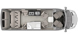 RV rental: Overhead view of an RV interior, featuring a kitchen, bath, and convertible seating/beds.
