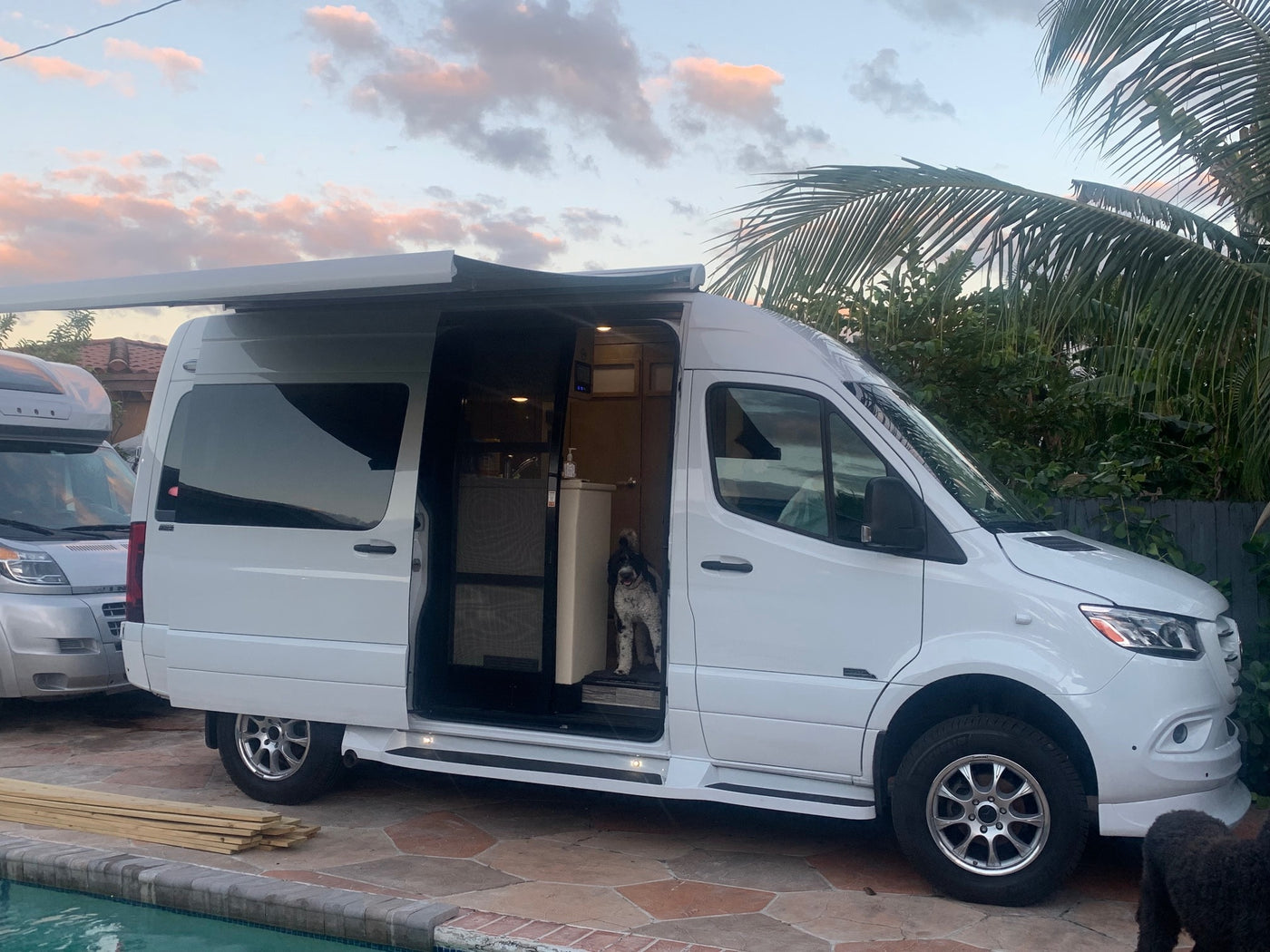  parked on concrete. Sunlight glints off its hood near a building and trees.|White Sprinter RV rental on a patio with two fluffy dogs. A person is seen inside the comfortable camper van.|White Mercedes Sprinter RV rental and a happy black dog on a tropical patio — photo 6
