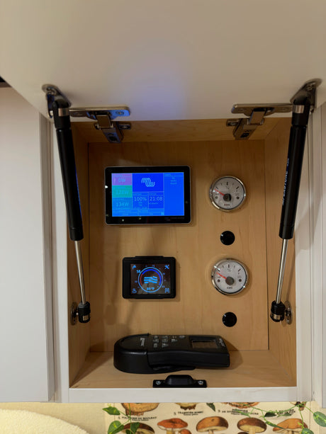 Inside an RV rental, a detailed control panel with energy monitor, battery status, water gauges, and 89°F display.