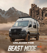 Off-road Mercedes Sprinter RV rental dominates rugged mountains. Experience ultimate adventure in this custom camper van.
