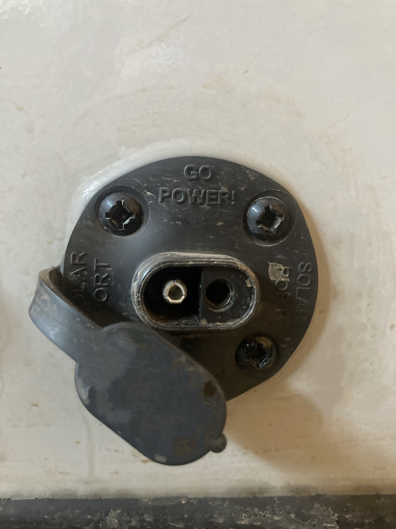 Close-up of an RV rental's external 'GO POWER!' solar port, ideal for connecting portable solar panels. — photo 19