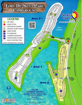 Map of Fort De Soto Park Campground, ideal for RV rental visitors. Shows campsites, amenities, and park layout.