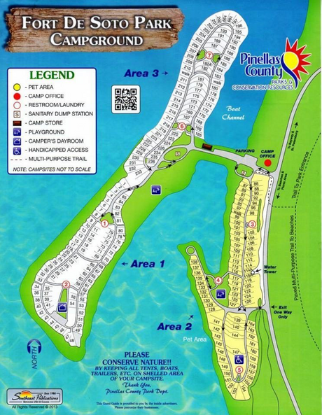 Map of Fort De Soto Park Campground, ideal for RV rental visitors. Shows campsites, amenities, and park layout.