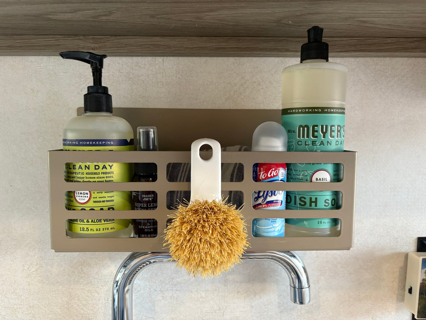 RV rental kitchen: Sink caddy organizing hand soap, dish soap, essential oils, a brush, and Lysol wipes for easy access. — photo 8