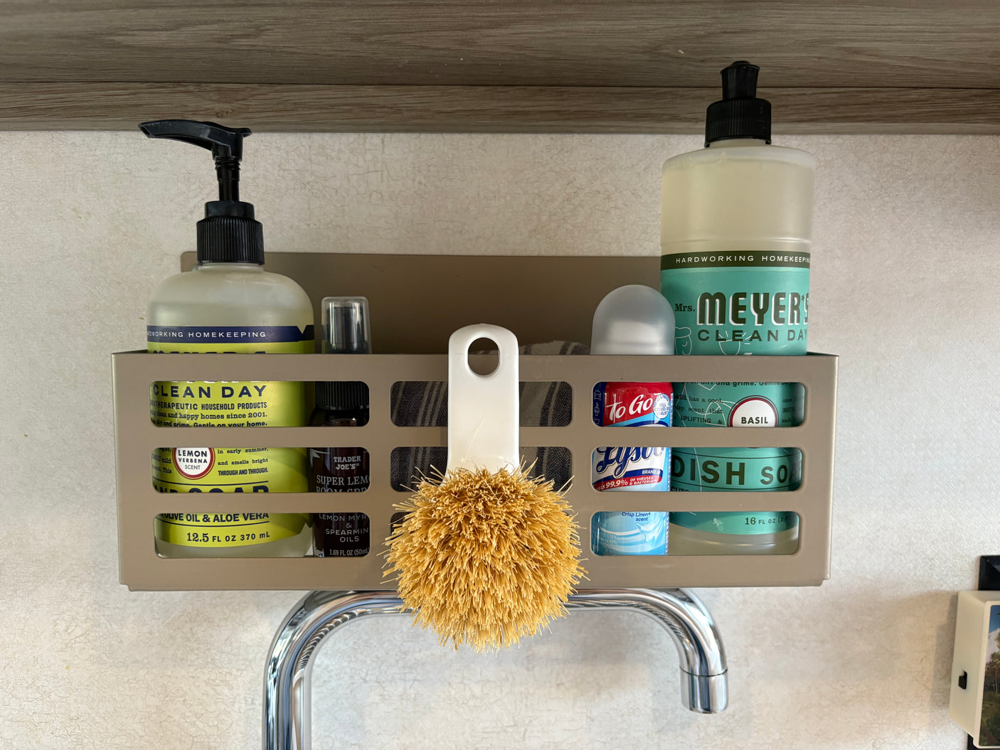 RV rental kitchen: Sink caddy organizing hand soap, dish soap, essential oils, a brush, and Lysol wipes for easy access.