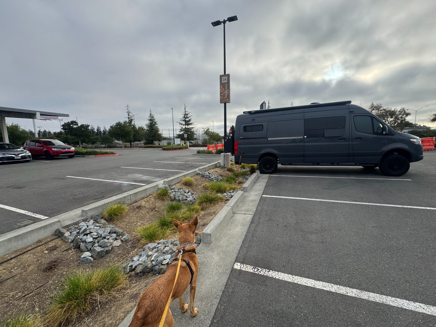  seen from behind a dog on a leash. A sign reads 'J4 PARKING'.|This dark gray Mercedes-Benz Sprinter camper van (RV rental) is parked and hooked up to a power post on an overcast day.|Night shot of a dark Scion xB parked next to a grey Mercedes-Benz Sprinter van — photo 2