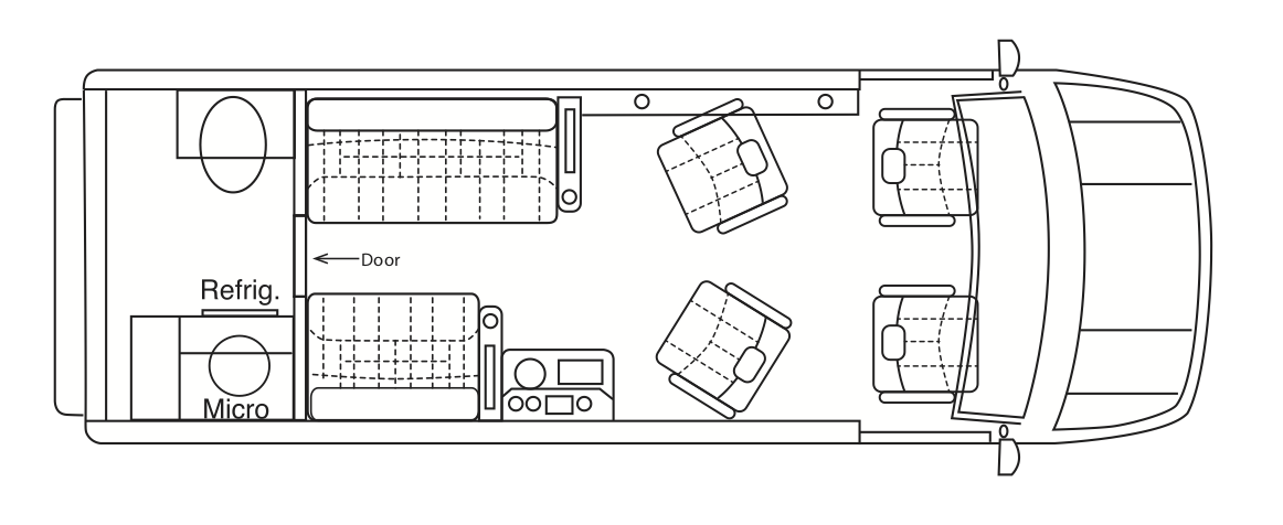 This RV rental floor plan shows the interior layout from above, featuring front seats, swiveling mid-cabin seats, and rear beds with a kitchen.