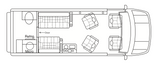 This RV rental floor plan shows the interior layout from above, featuring front seats, swiveling mid-cabin seats, and rear beds with a kitchen.