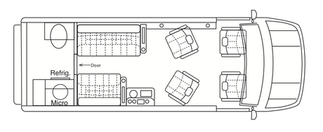This RV rental floor plan shows the interior layout from above, featuring front seats, swiveling mid-cabin seats, and rear beds with a kitchen.