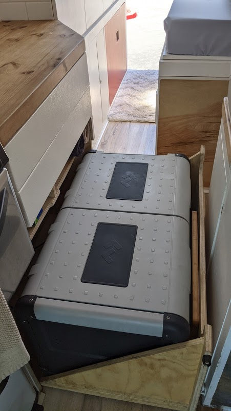 RV rental: Two portable fridges/freezers on a custom slide-out, maximizing mobile kitchen storage.