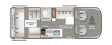 RV rental floor plan of a compact camper van, detailing living space, kitchen, bath, and swivel seats.