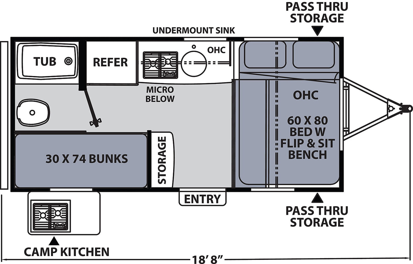 RV rental floor plan shows interior layout with 60x80 bed, bunks, kitchen, and bath. Great for travel trailer planning. — photo 7