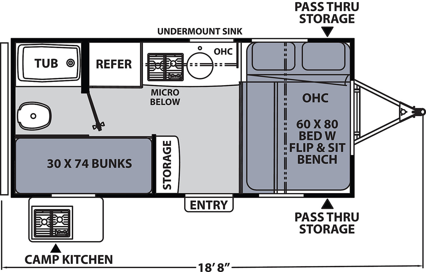 RV rental floor plan shows interior layout with 60x80 bed, bunks, kitchen, and bath. Great for travel trailer planning.