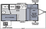 RV rental floor plan shows interior layout with 60x80 bed, bunks, kitchen, and bath. Great for travel trailer planning.
