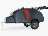 Compact, dark teardrop trailer with red door and roof racks, perfect rv rental for rugged outdoor escapades.