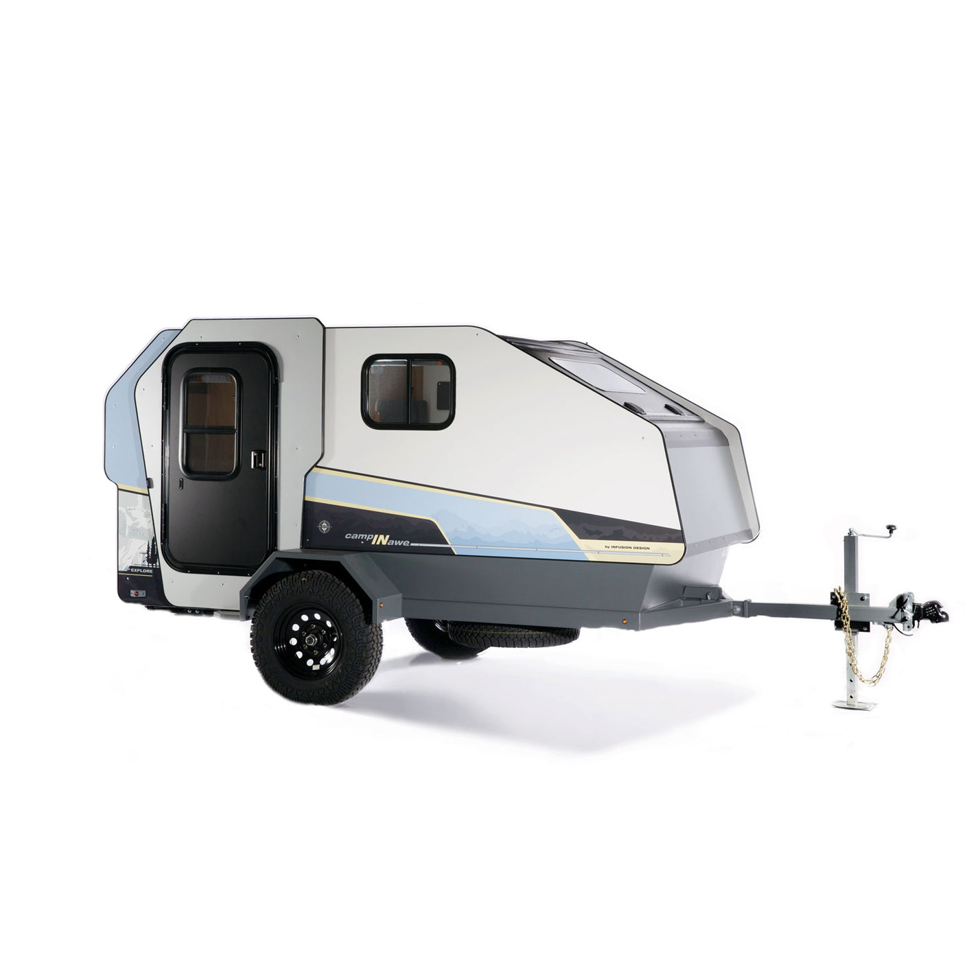 A modern white & grey teardrop travel trailer, ideal for your next RV rental camping adventure.