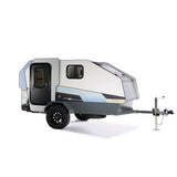 A modern white & grey teardrop travel trailer, ideal for your next RV rental camping adventure.