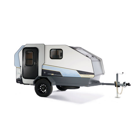 A modern white & grey teardrop travel trailer, ideal for your next RV rental camping adventure.