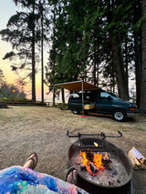 Campfire cooking & sunset views with our RV rental! A peaceful coastal van camping experience.