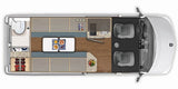 Detailed RV rental floor plan, overhead view, showcasing kitchen, dining, bathroom, and cockpit areas for your next adventure.