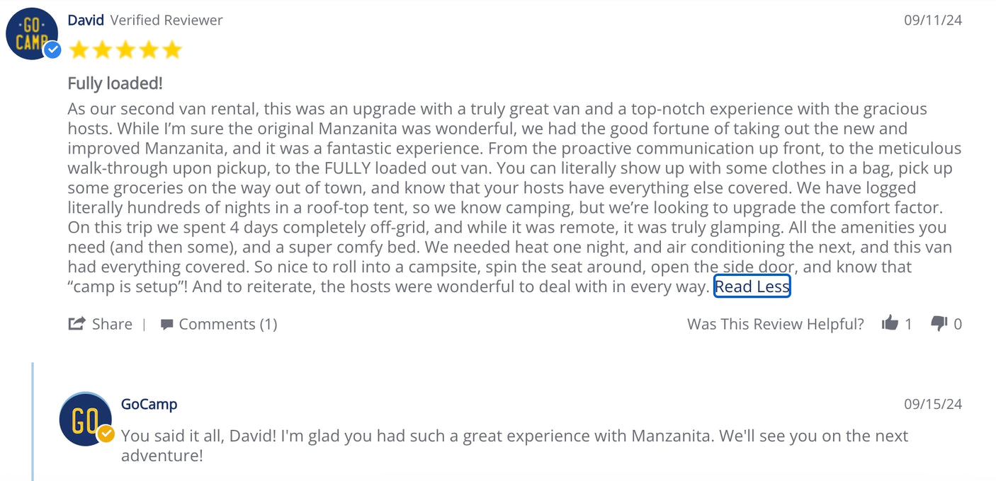 David's 5-star review for an rv rental van, praising the fully loaded vehicle, glamping experience, and great hosts.