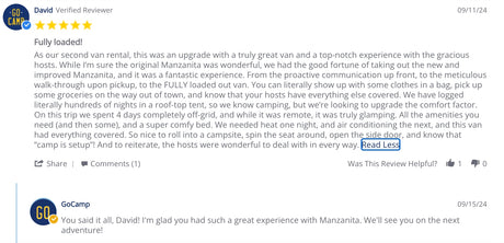David's 5-star review for an rv rental van, praising the fully loaded vehicle, glamping experience, and great hosts.