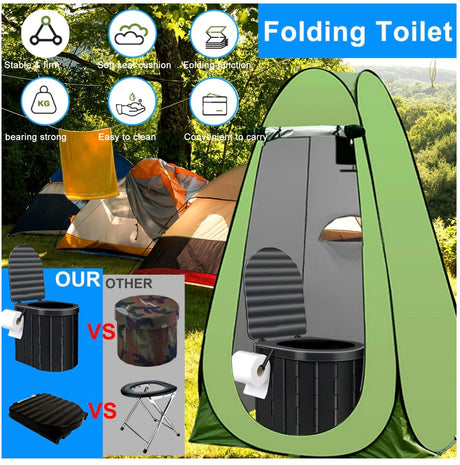 A black portable folding toilet shown inside a green privacy tent, ideal for RV rental & camping trips, with features highlighted.