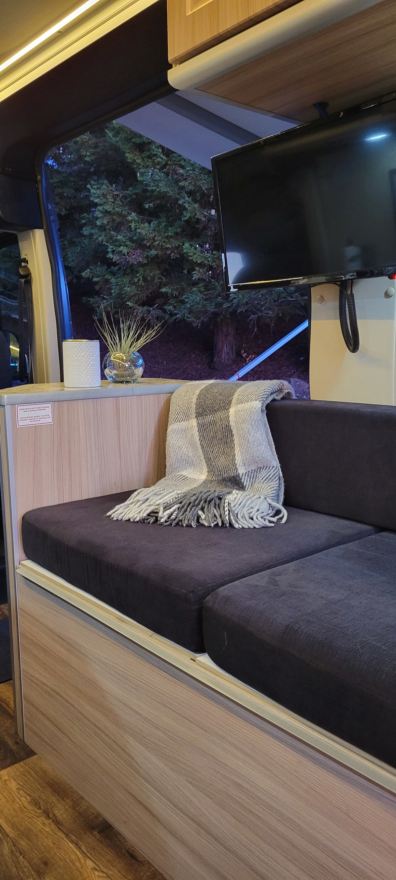 Relax in this cozy RV rental living space, complete with a comfortable sofa, TV, and peaceful window view. — photo 7