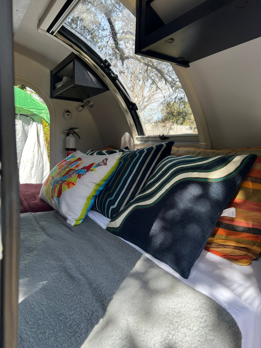  and front window. Perfect for RV rental.|White and black teardrop camper RV rental