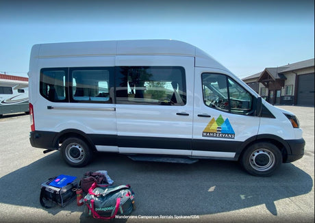 White Wandervans campervan for RV rental, packed and ready for adventure. Ideal for vanlife travel.