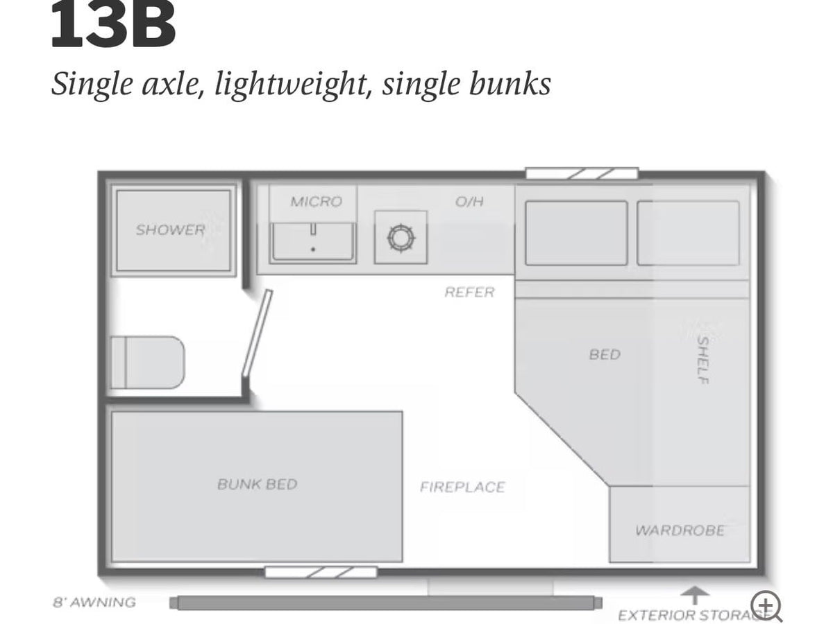  with a brightly lit travel trailer parked nearby.|RV rental 13B floor plan: a single axle — photo 2