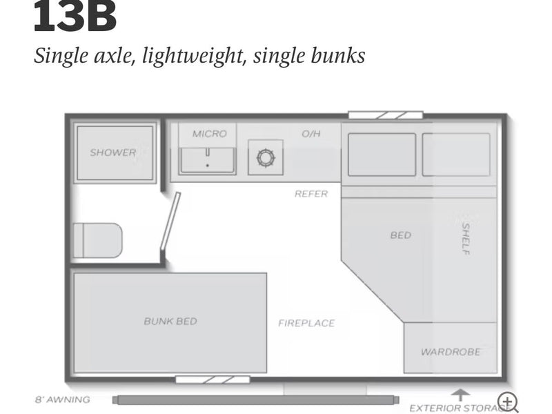  with a brightly lit travel trailer parked nearby.|RV rental 13B floor plan: a single axle — photo 2
