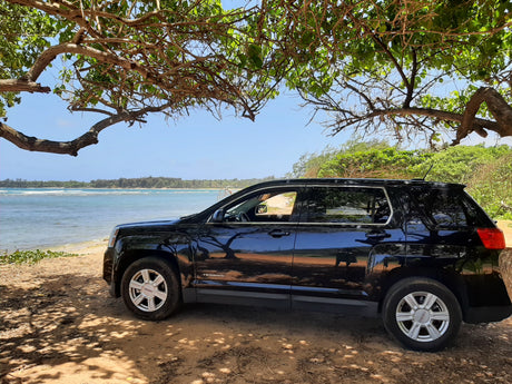 A black GMC Terrain SUV is parked under a shady tree by a beautiful beach. Perfect for coastal adventures, like those found with an RV rental.