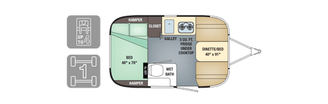 RV rental floor plan: Sleep 4 in this travel trailer's efficient interior with a galley, wet bath, and two convertible beds.