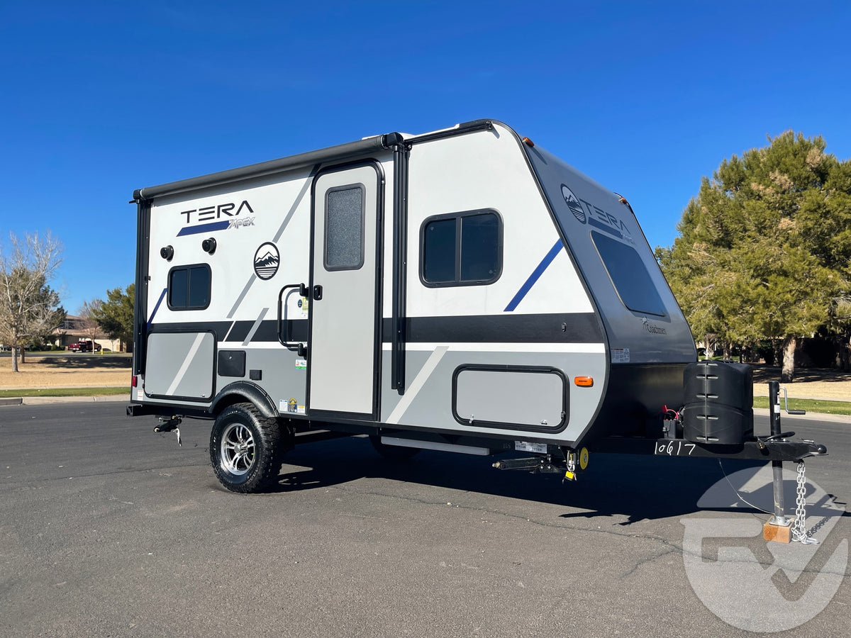 A modern Tera Apex travel trailer. Perfect RV rental for your next outdoor adventure or camping.