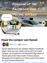 Hope the camper van Hawaii Facebook page for RV rental. Book your Hawaii adventure on the Big Island!
