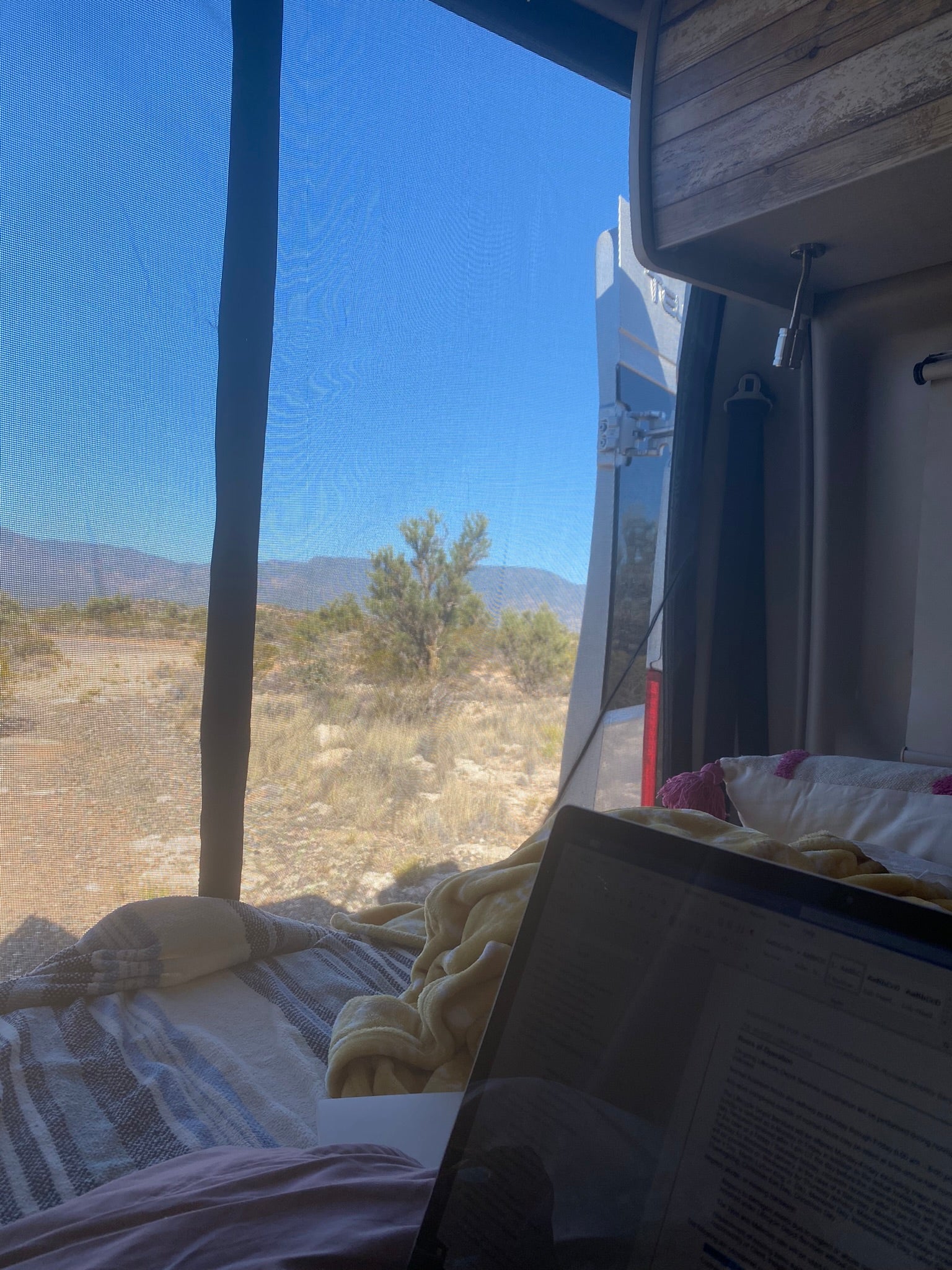 Enjoying remote work from an RV rental, with a laptop overlooking a scenic desert and mountain landscape.