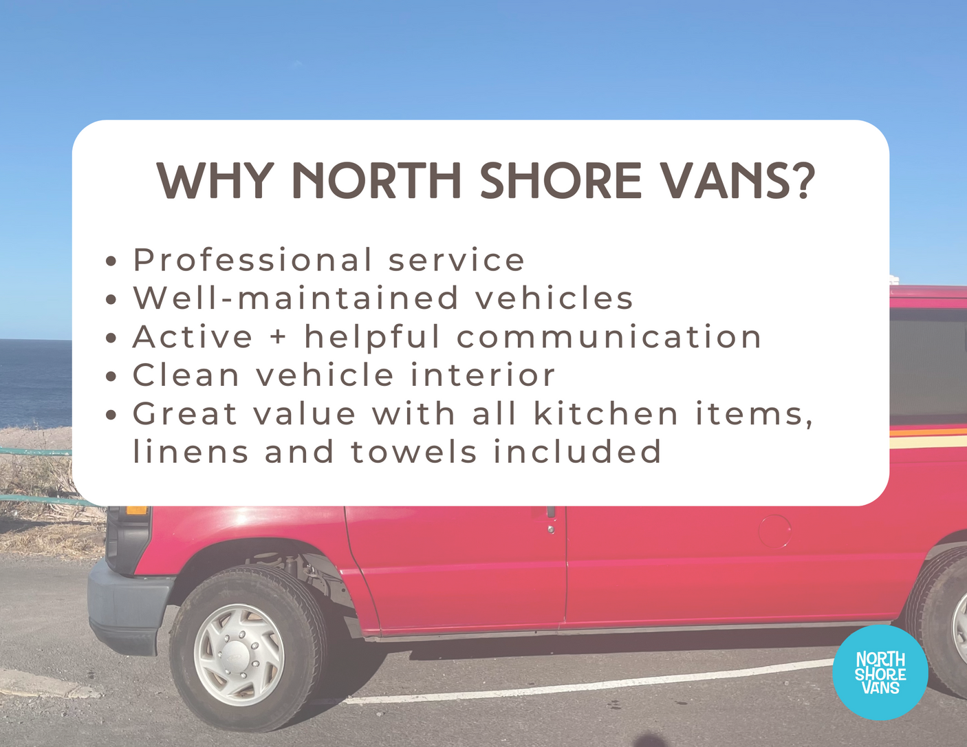 A red RV rental van by North Shore Vans. Text highlights professional service, well-maintained, clean, and great value.