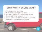 A red RV rental van by North Shore Vans. Text highlights professional service, well-maintained, clean, and great value.