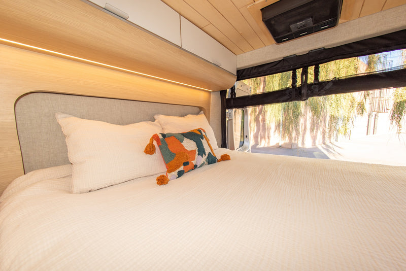  and sleek wooden finishes.|Modern RV rental interior: a bright kitchen — photo 13