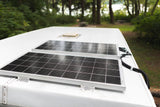 Two solar panels on a white RV roof, wired for power. Perfect for your next RV rental adventure.