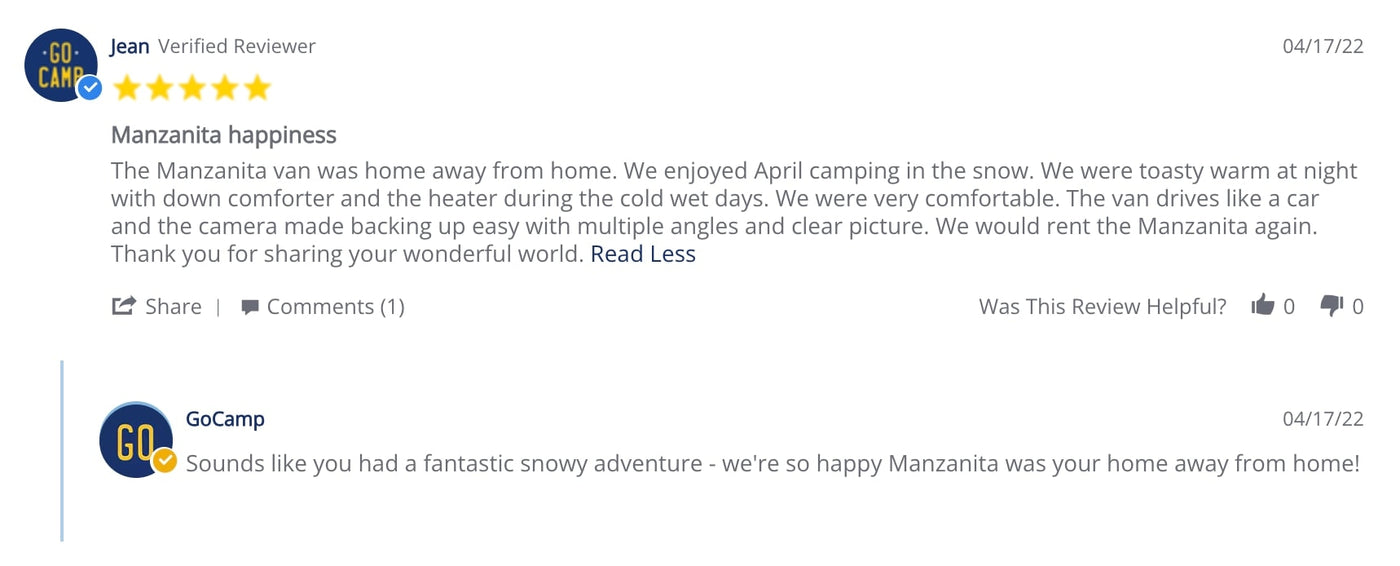  praising features and owner support for a great camping trip.|Marcie's glowing 5-star online review of an RV rental trip in a Sprinter van — photo 15