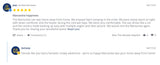 A 5-star customer review for an RV rental van, highlighting a comfortable snowy camping trip experience.