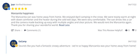 A 5-star customer review for an RV rental van, highlighting a comfortable snowy camping trip experience.